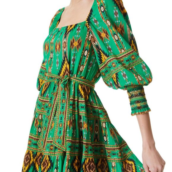 Alice & Olivia Rowen Midi Dress Mystik Ikat Print Green Emerald Batik Belted XL - Picture 2 of 4